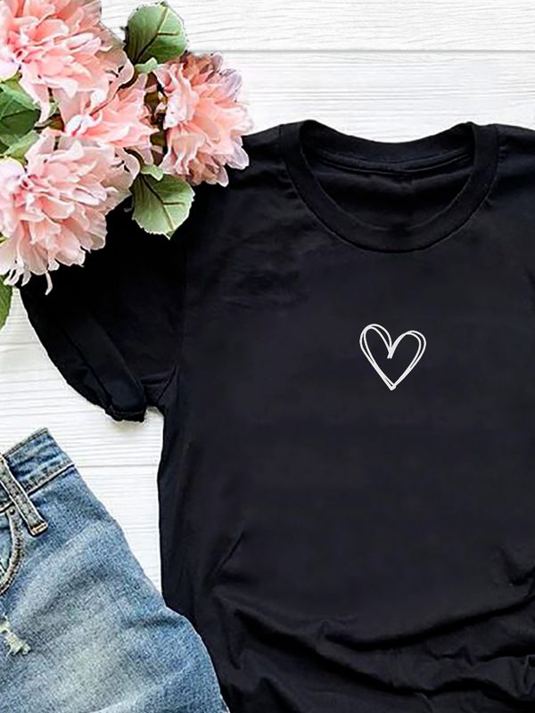 Футболка с принтом Сердце на День Валентина оверсайз черная. Футболка унисекс с картинкой сердечко в стиле кэжуал для молодежи.