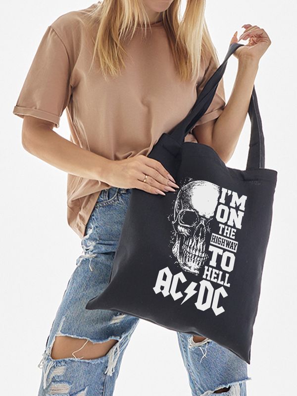 Шоппер AC DC ACDC асдс ас дс im on the highway to hell с принтом рок мерч эйсидиси rock music merch черный, стритстайл рокерская сумка для шопинга и покупок тканевая женская мужская андеграунд кэжуал.