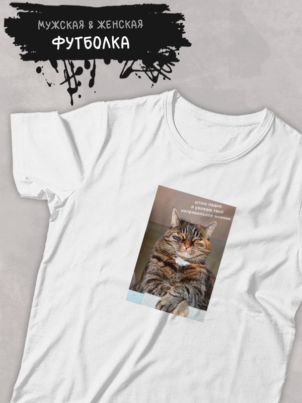 Футболка с принтом Кот оверсайз белая. Футболка унисекс с мемной надписью 