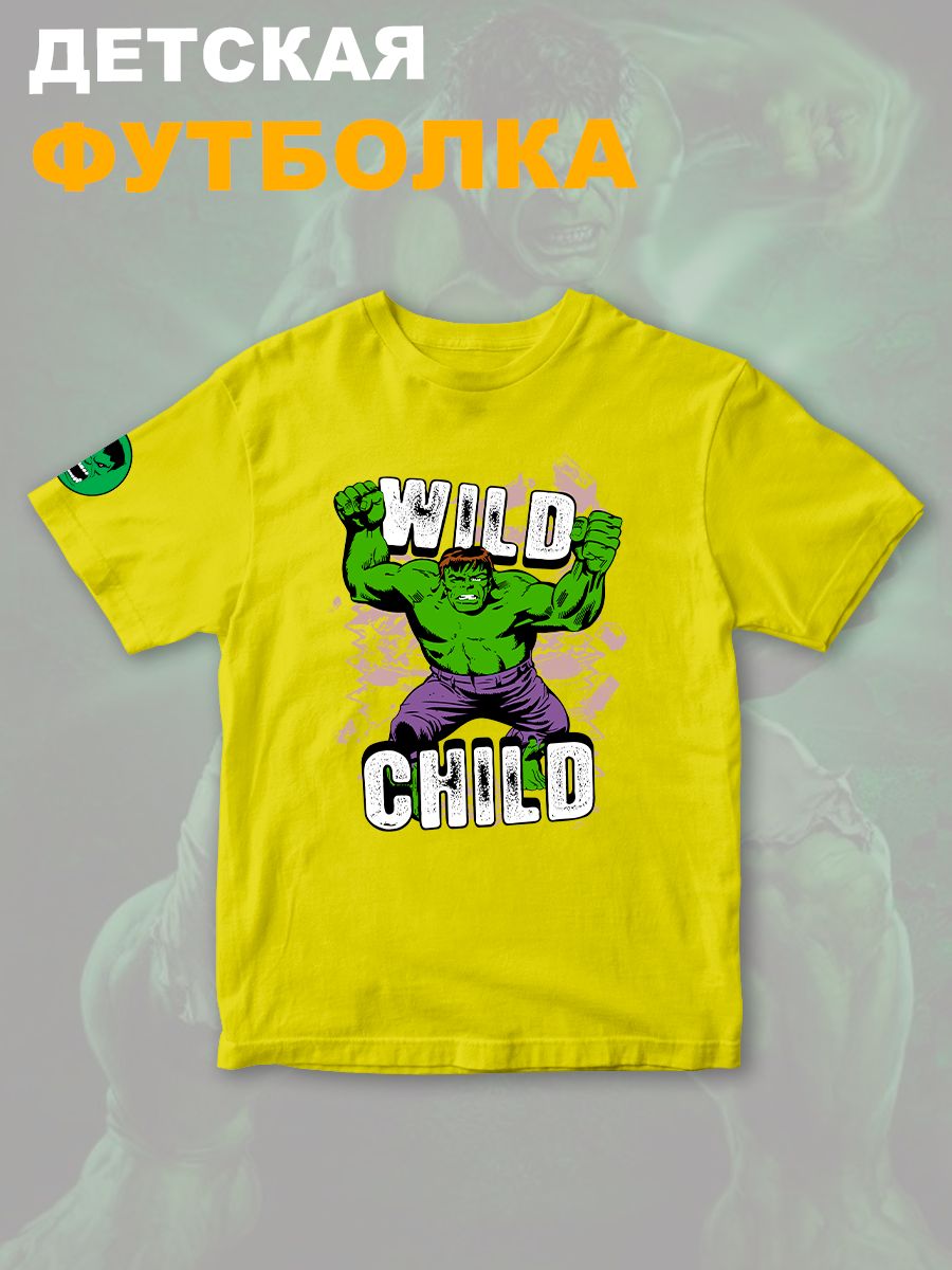 Футболка с героем Халк и прикольной надписью wild child. Футболка детская с принтом Hulk из Marvel comics для мальчика и девочки. Одежда для детей и подростков стрит стайл кежуал.