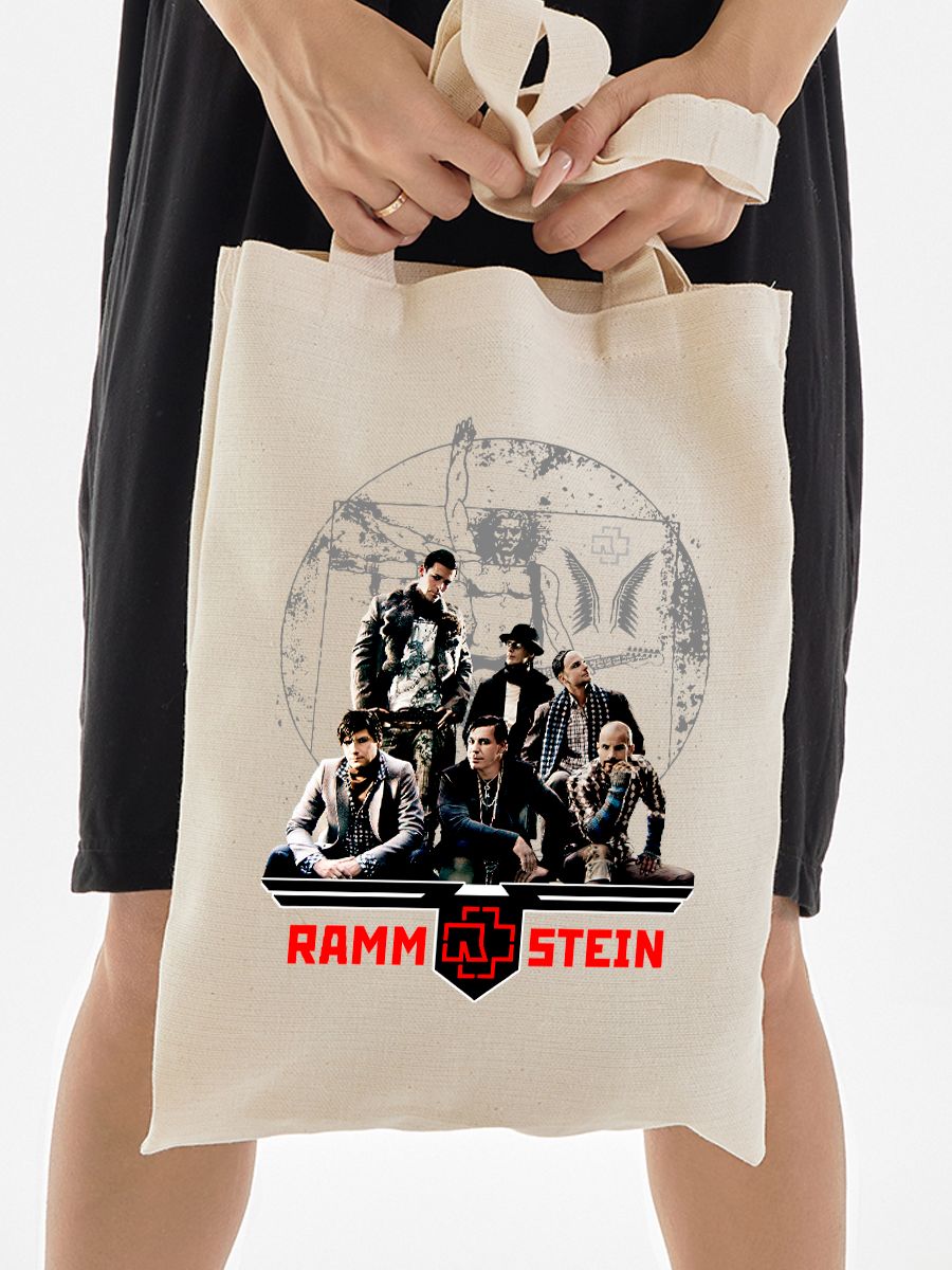 Шоппер бежевый с принтом Рок группа Rammstein. Сумка для шопинга на плечо тканевая, мужская и женская.