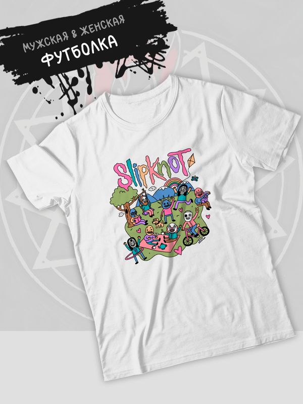 Футболка слипкнот slipknot hard rock с принтом группы и надписью рок металл music с музыкальной тематикой, белая женская мужская, стрит стайл прикольная андеграунд одежда кэжуал, underground casual.
