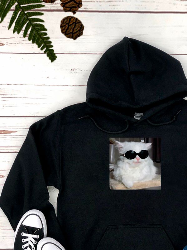 Худи с принтом Кот в очках оверсайз черное. Худи унисекс с прикольным рисунком в стиле кэжуал.