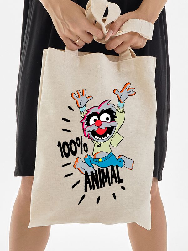 Детский шоппер Маппеты с прикольной надписью 100% animal с принтом the muppets для мальчика и девочки. Тканевая сумка детская на плечо с длинными ручками для шопинга и покупок.
