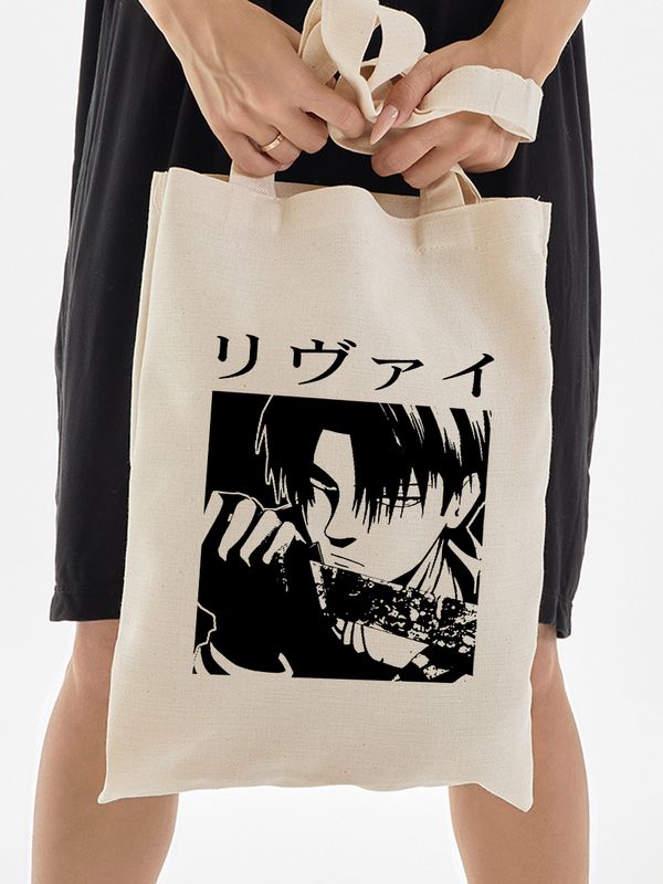 Шоппер леви аккерман аниме Attack on titan с принтом атака титанов shingeki no kyojin levi ackerman anime эстетика с японскими иероглифами бежевый, сумка для шопинга покупок тканевая женская мужская.
