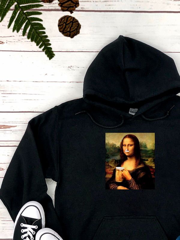 Худи с принтом leonardo da vinci Мона лиза с пивом оверсайз черное. Худи унисекс с приколом в стиле кэжуал для молодежи.