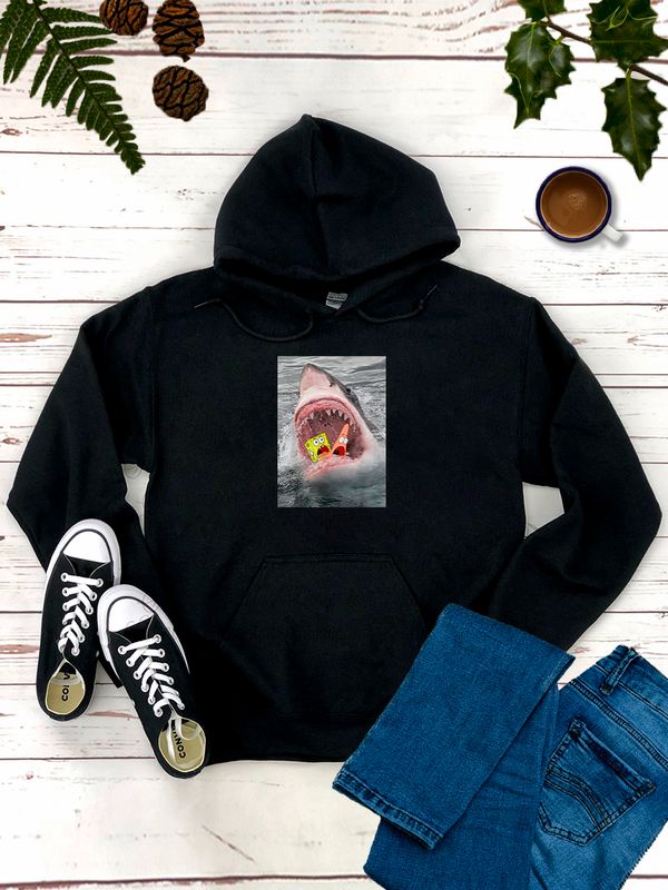 Худи с принтом спанч боб и бела акула оверсайз черное. Худи акула для девочек и мальчиков унисекс в стиле кэжуал.