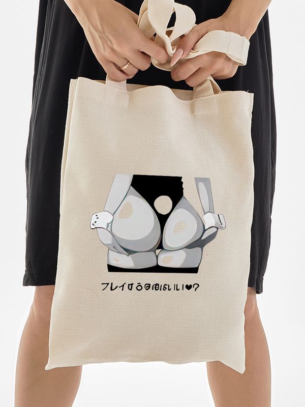 Шоппер аниме тянка и кролик каваи с принтом тян rabbit anime girl hentai merch с японскими иероглифами kawaii kawai бежевый, y2k стритстайл сумка для шопинга и покупок тканевая женская мужская кэжуал.