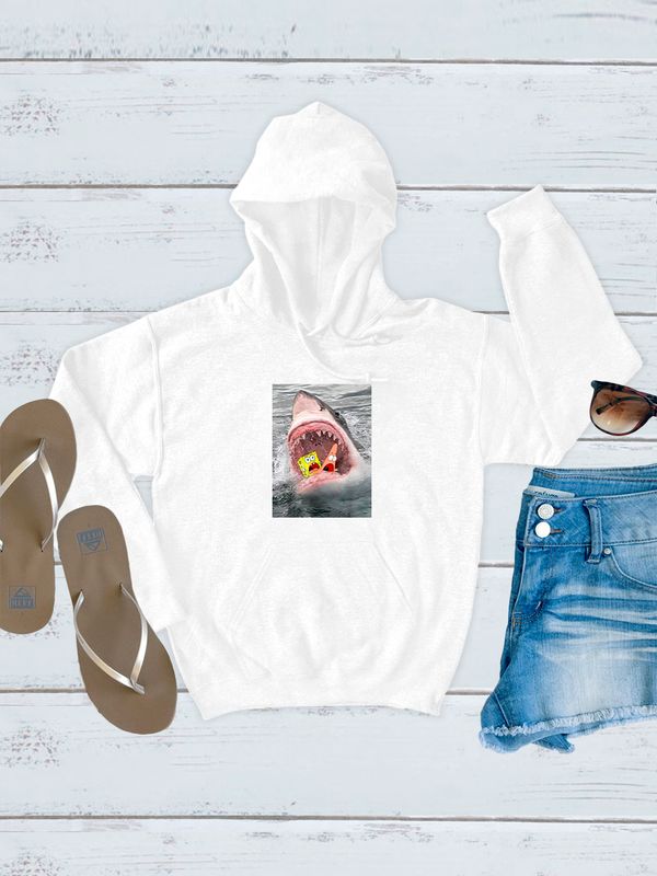 Худи с принтом спанч боб и бела акула оверсайз белое. Худи акула для девочек и мальчиков унисекс в стиле кэжуал.