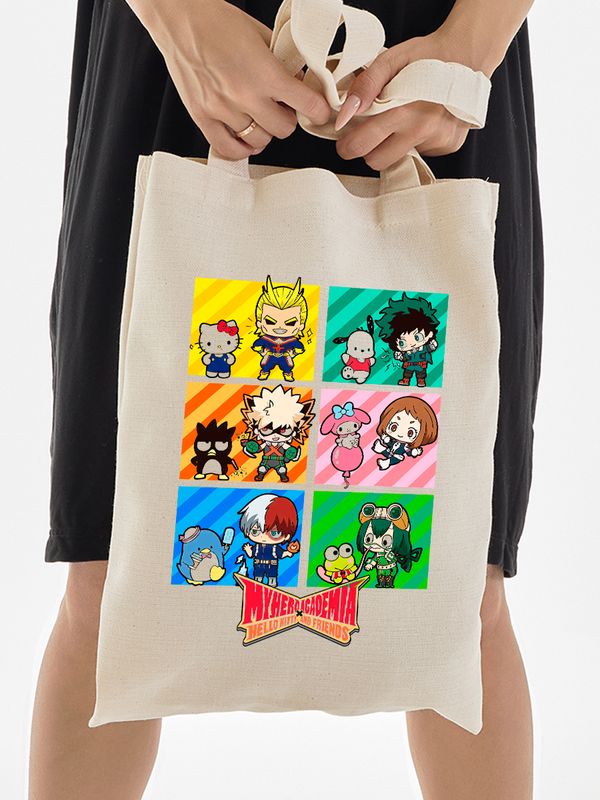 Шоппер моя геройская академия аниме hello kitty с принтом my hero academia boku no hero academia бакуго мидория тодороки kawaii anime бежевый, y2k сумка для шопинга и покупок тканевая женская мужская.