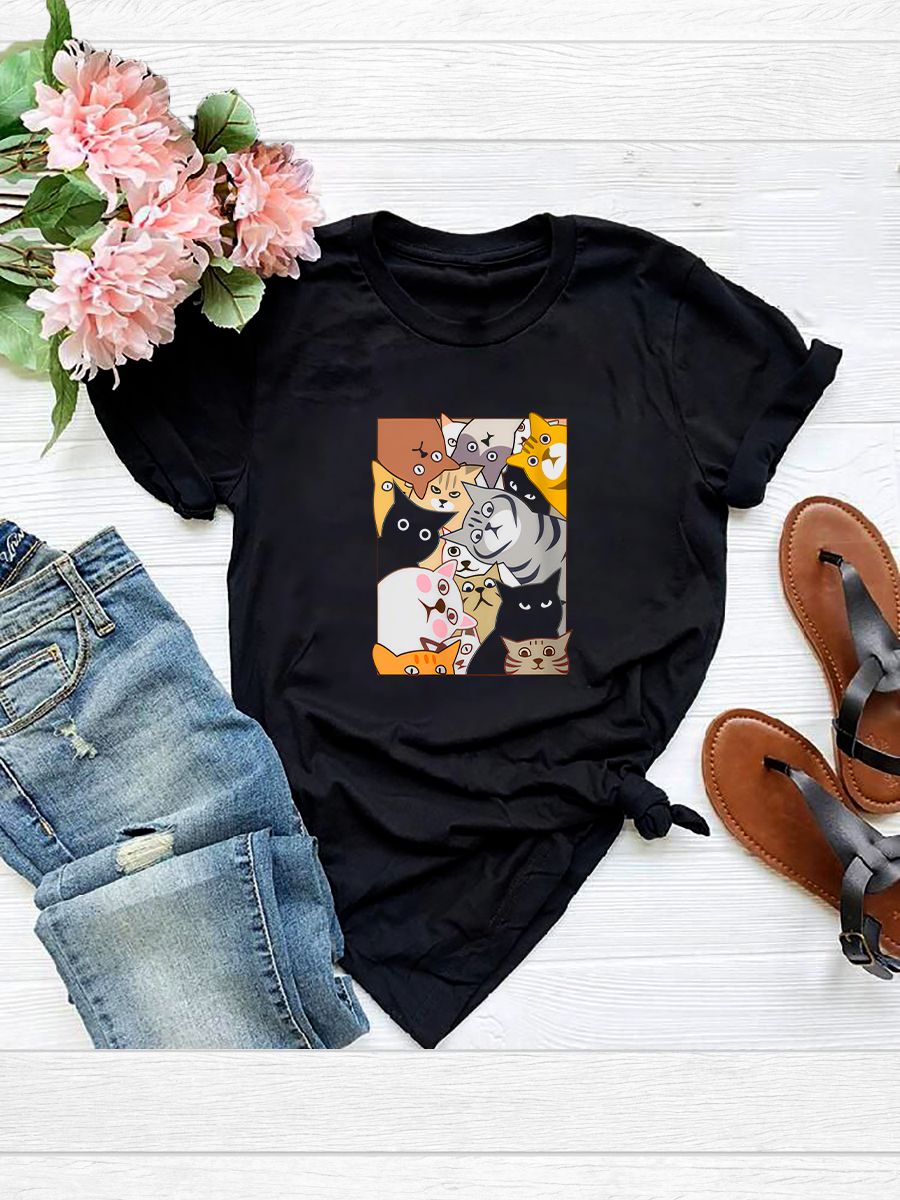 Футболка с котами Наташа вставай с принтом котиков и рисунком прикол мем эстетика cat meme aesthetic, черная женская и мужская мемная прикольная одежда кэжуал стритстайл андеграунд casual y2k style.