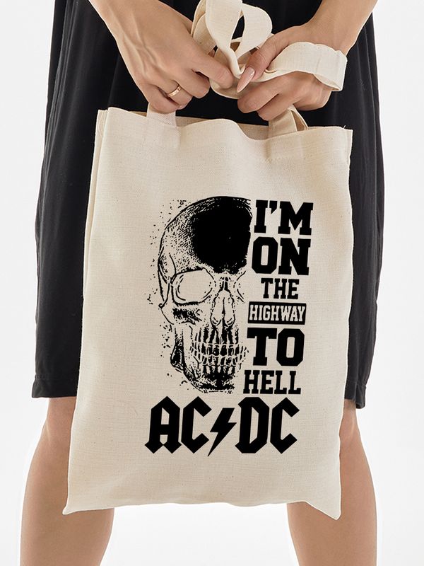 Шоппер AC DC ACDC асдс ас дс im on the highway to hell с принтом рок эйсидиси rock music merch бежевый, стритстайл рокерская сумка для шопинга и покупок тканевая женская и мужская андеграунд кэжуал.