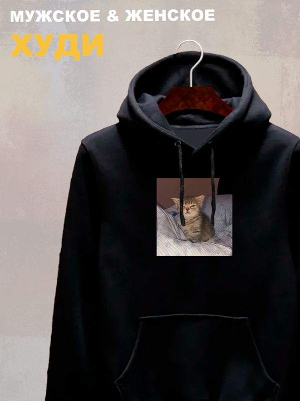 Худи с принтом Котенок оверсайз черное. Худи унисекс с прикольным рисунком Сонный кот в стиле кэжуал.