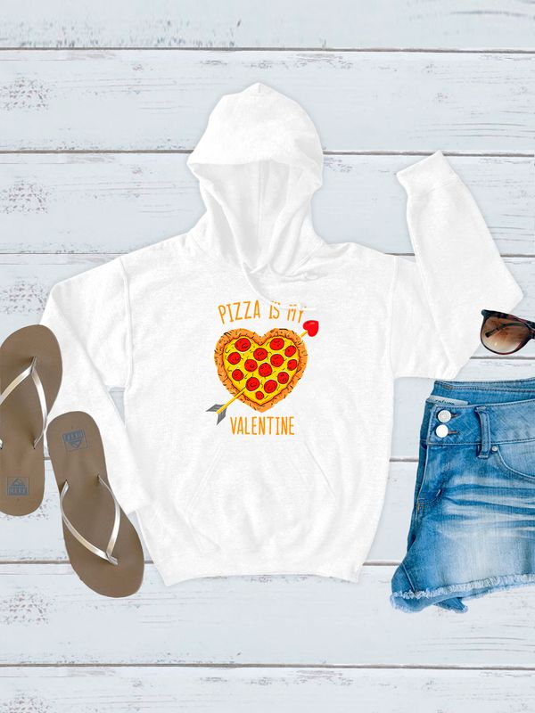 Худи с принтом Пицца на День Валентина оверсайз белое. Худи унисекс c прикольной надписью Valentine и картинкой pizza на День святого Валентина в стиле street style для молодежи.