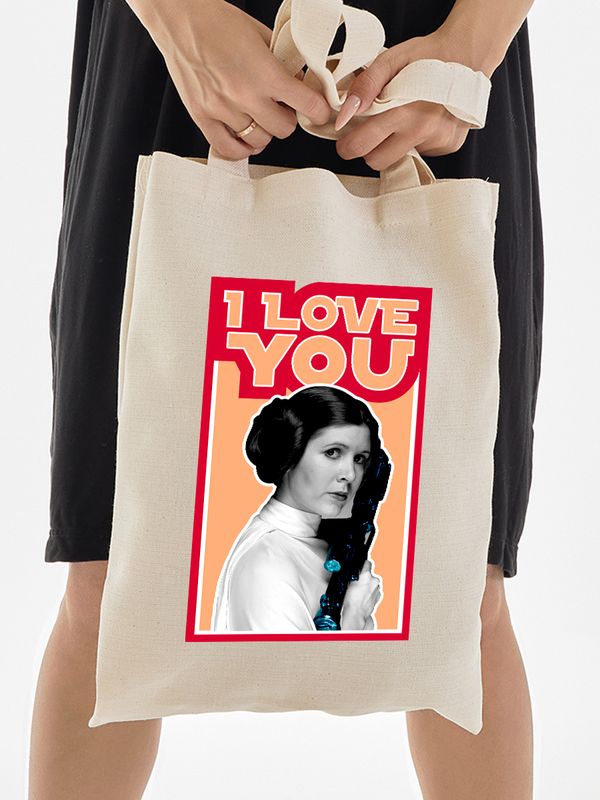 Шоппер с принтом Принцесса Лея из Star wars и надписью I love you на День Валентина бежевый. Шоппер из ткани с картинкой Звездные войны в стиле y2k.