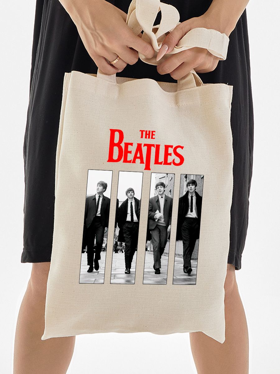 Шоппер бежевый с принтом Beatles Рок группа . Сумка для шопинга на плечо тканевая, мужская и женская.
