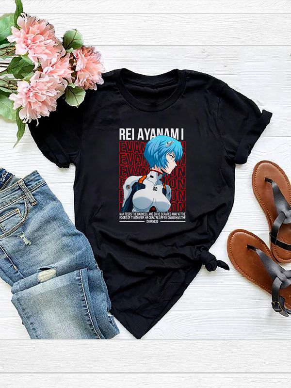 Футболка аянами рей евангелион evangelion с принтом аниме rei ayanami retro anime aesthetic эстетика для анимешника отаку, черная женская мужская, y2k стрит стайл андеграунд прикольная одежда кэжуал.