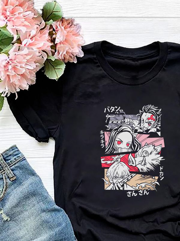 Футболка танджиро незуко зеницу с иноске аниме demon slayer с принтом клинок рассекающий демонов anime истребитель демонов Kimetsu no Yaiba с японскими иероглифами, черная женская мужская y2k одежда.