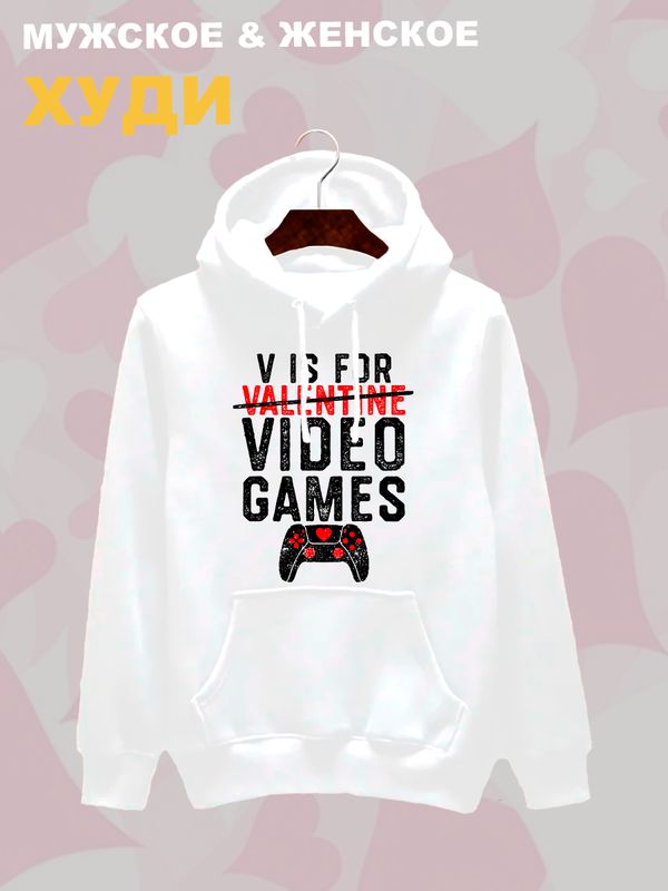 Худи с принтом Valentine на День Валентина оверсайз белое. Худи унисекс с надписью Video games в стиле street style для молодежи.