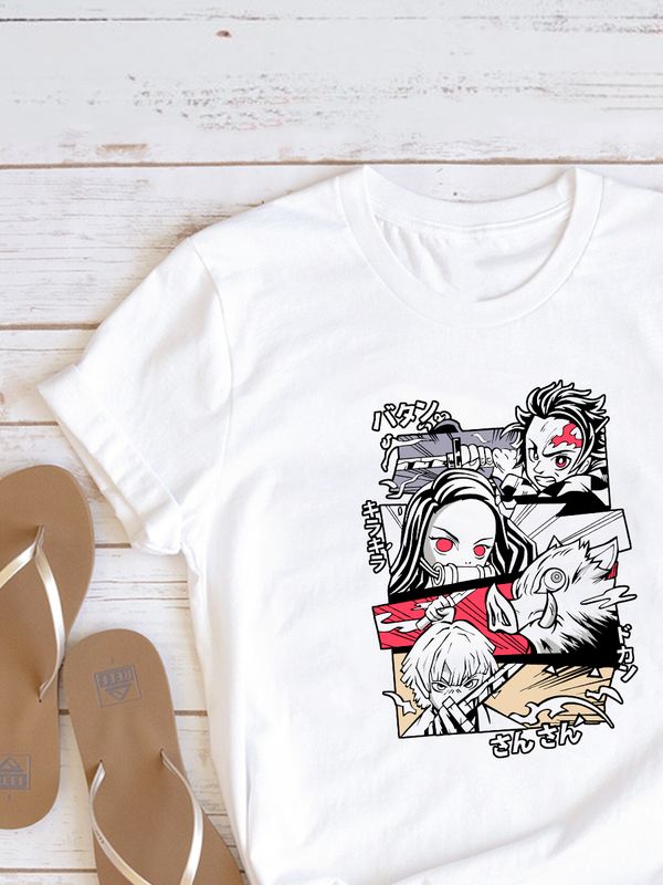 Футболка танджиро незуко зеницу с иноске аниме demon slayer с принтом клинок рассекающий демонов anime истребитель демонов Kimetsu no Yaiba с японскими иероглифами, белая женская мужская y2k одежда.