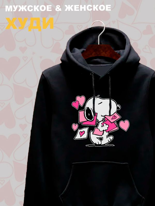 Худи с принтом Снупи на День Валентина оверсайз черное. Худи унисекс с картинкой Snoopy и сердечки в стиле y2k для молодежи.