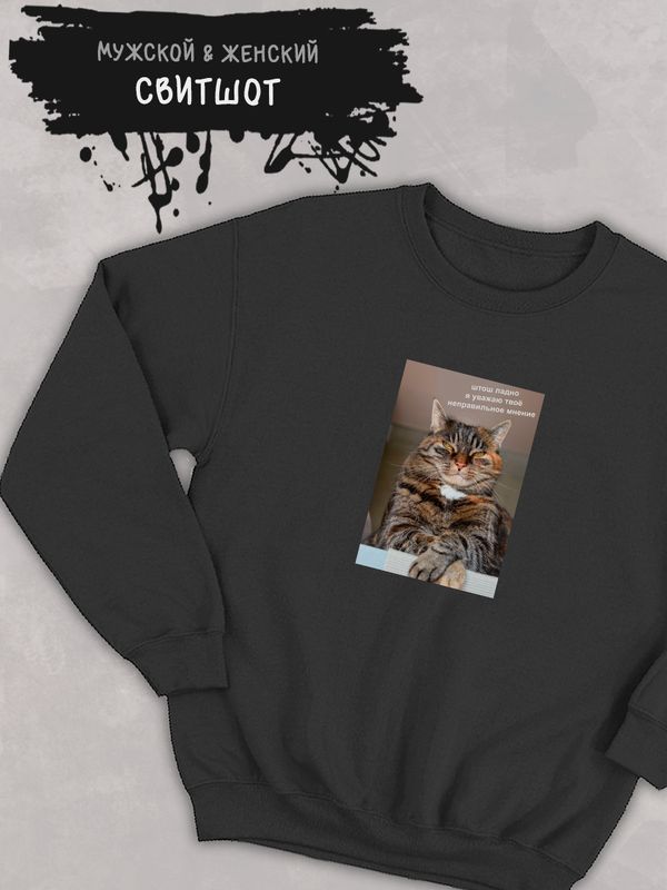 Свитшот с принтом Кот оверсайз черный. Свитшот унисекс с мемной надписью  Свитшот с принтом Кот оверсайз черный. Свитшот унисекс с мемной надписью