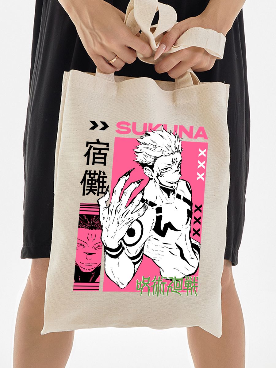 Шоппер с принтом из мультсериала Магическая битва. Тканевая сумка jujutsu kaisen Sukuna в стиле street style для молодежи.