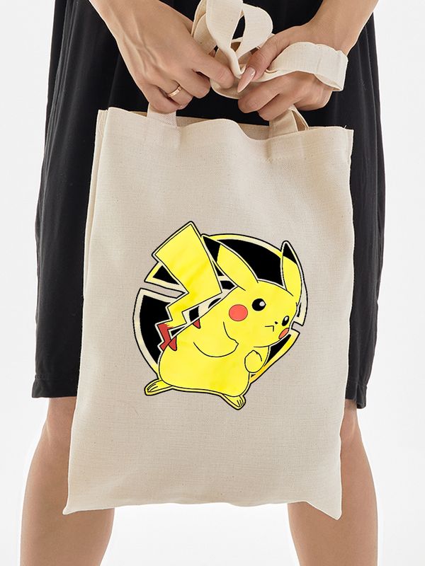 Шоппер пикачу покемон покебол аниме Pokemon Pikachu с принтом pokeball anime merch style kawaii kawai бежевый, стритстайл сумка для шопинга и покупок тканевая женская мужская кэжуал casual y2k style.