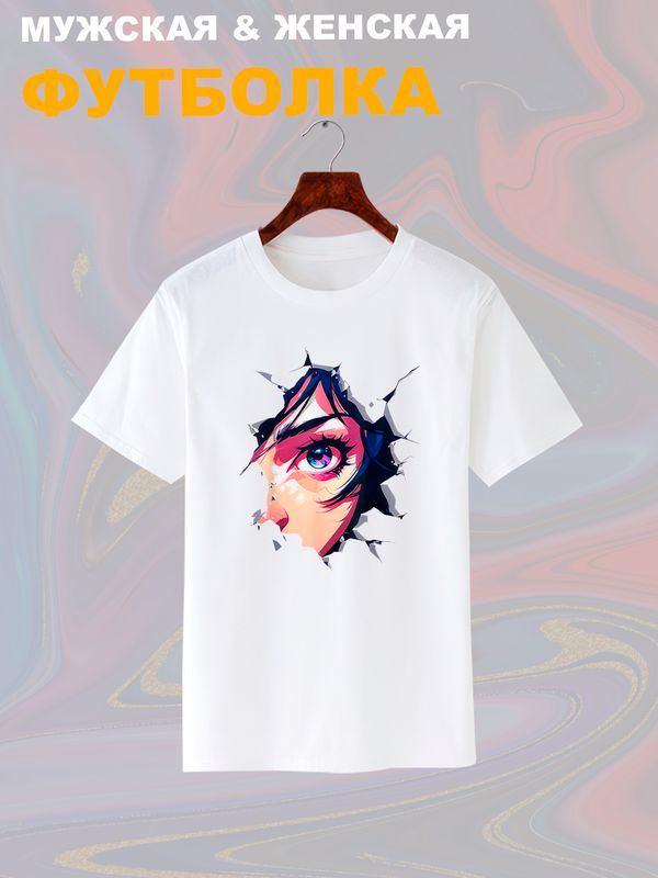 Футболка киберпанк стиль и аниме тянка с ярким принтом каваи тян anime girl neon style cyberpunk aesthetic эстетика kawaii kawai, белая женская мужская прикольная y2k одежда кэжуал стритстайл casual.