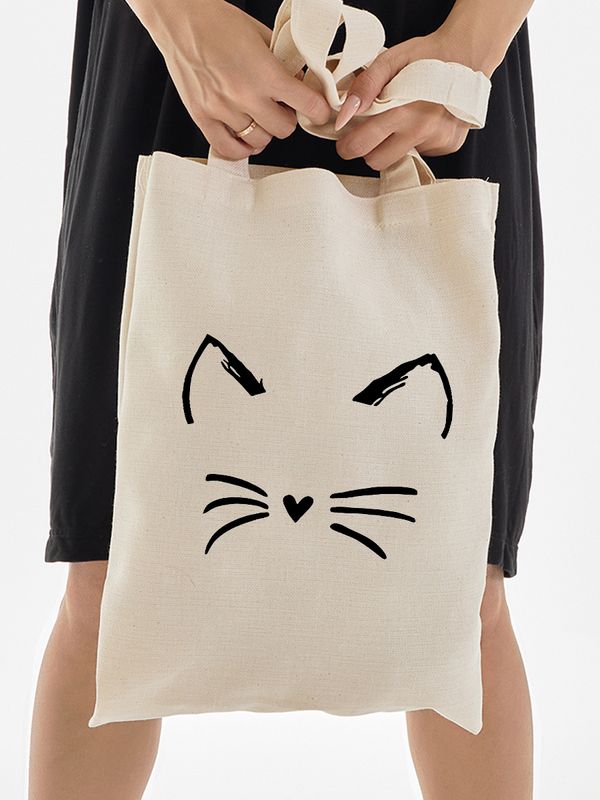 Шоппер с котом милым котиком и сердечком с принтом и рисунком каваи kawaii cat kawai cute kitty бежевый, стритстайл сумка для шопинга и покупок тканевая женская и мужская андеграунд кэжуал y2k style.