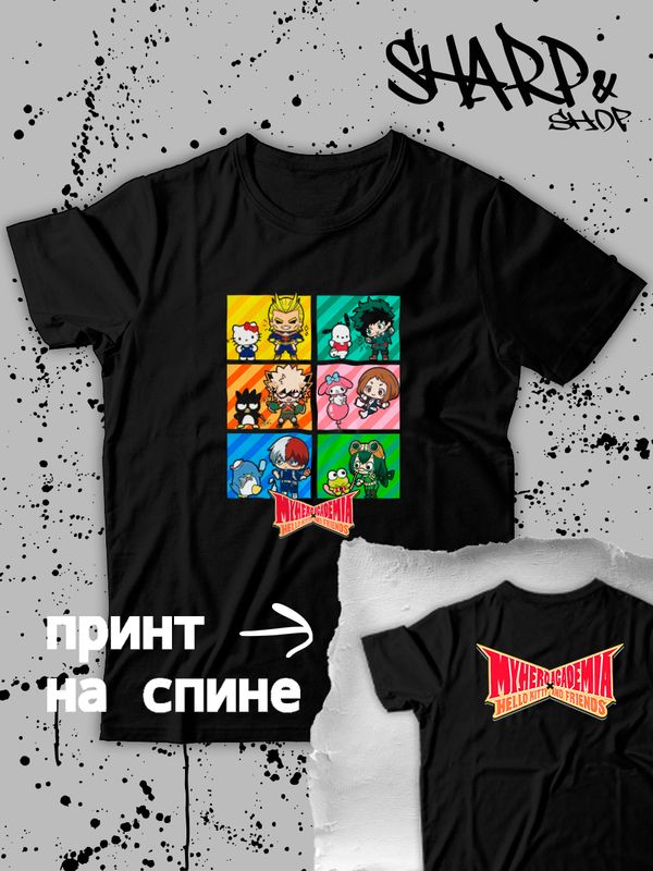Футболка моя геройская академия аниме hello kitty с принтом my hero academia boku no hero academia бакуго мидория тодороки персонажи kawaii anime, черная женская мужская прикольная одежда кэжуал y2k.