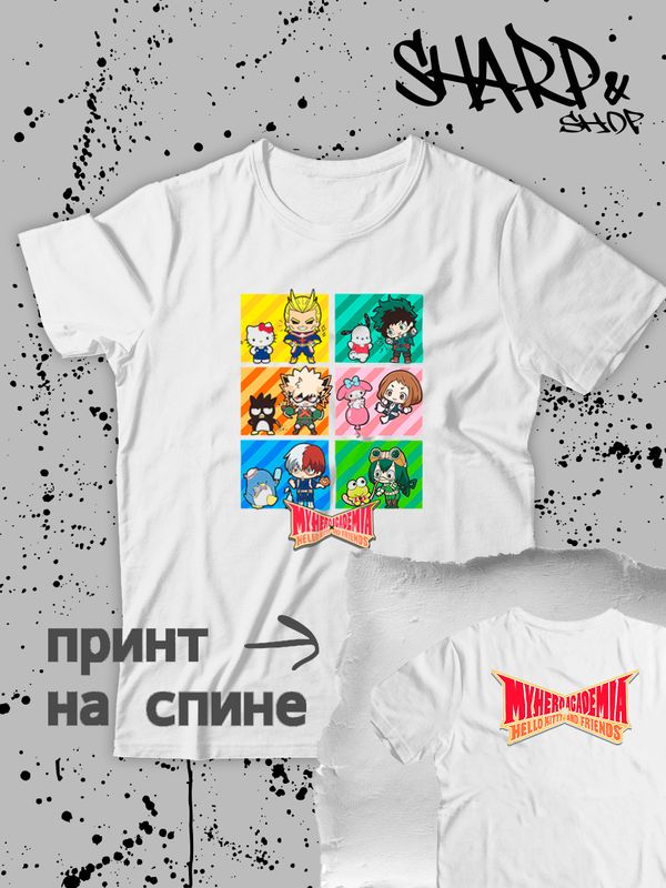 Футболка моя геройская академия аниме hello kitty с принтом my hero academia boku no hero academia бакуго мидория тодороки персонажи kawaii anime, белая женская мужская прикольная одежда кэжуал y2k.