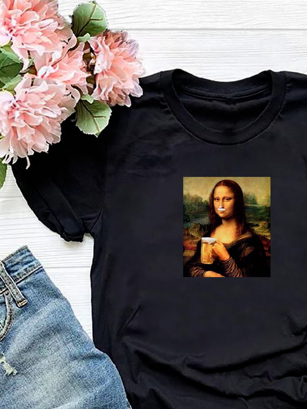 Футболка с принтом leonardo da vinci Мона лиза с пивом оверсайз черная. Футболка унисекс с приколом в стиле кэжуал для молодежи.