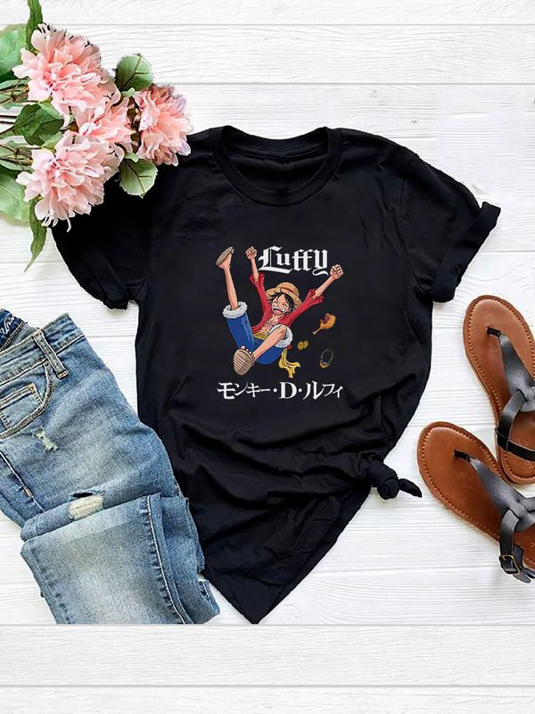 Футболка луффи ван пис и аниме One piece Luffy с принтом retro anime aesthetic эстетика в стиле ретро с японскими иероглифами, черная женская и мужская прикольная андеграунд одежда кэжуал casual y2k.