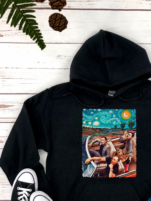 Худи с принтом Ван Гог, Сальвадор Дали и Фрида Кало оверсайз черное. Худи унисекс с красивым принтом Van Gog, Salvador Dali, Frida Kahlo в стиле 90 х.