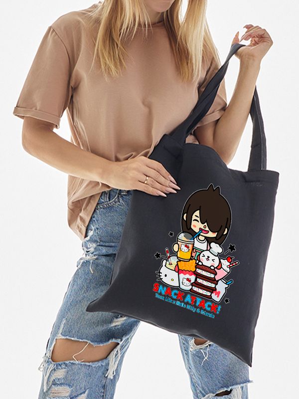 Сумка шоппер с принтом Toca Boca and Hello Kitty и прикольной надписью snack attack. Детский шоппер Тока Бока и Хеллоу Китти для мальчика и девочки. Тканевая сумка подростковая на плечо кежуал.