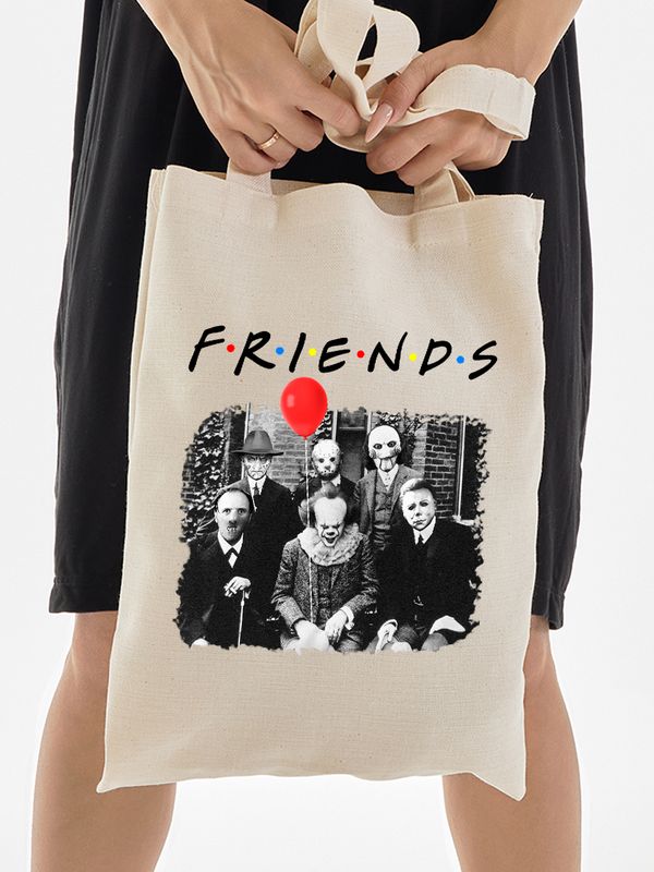 Шоппер с принтом Персонажи из страшного кино и надписью Friends бежевый. Шоппер с героями ужастиков для фанатов horror movies street style.