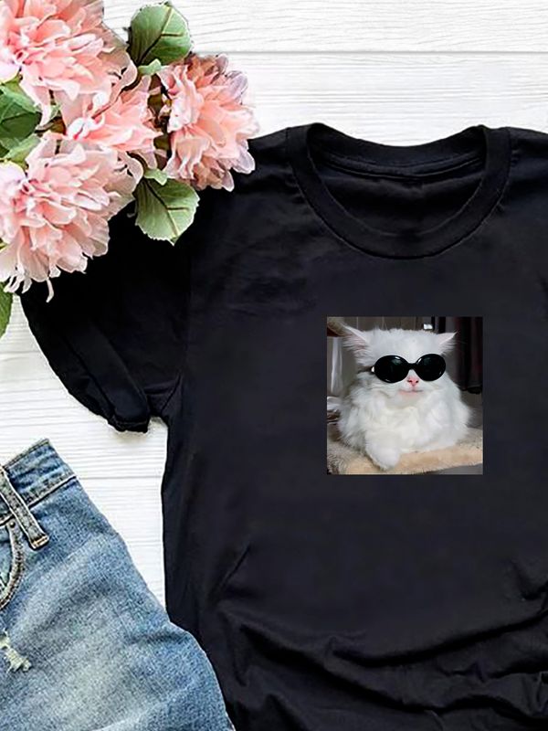 Футболка с принтом Кот в очках оверсайз черная. Футболка унисекс с прикольным рисунком Крутой кот в стиле кэжуал.