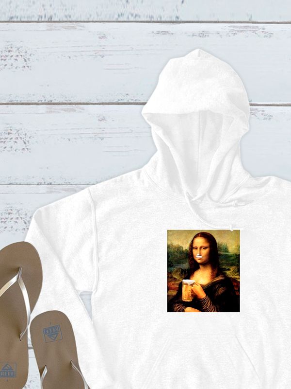 Худи с принтом leonardo da vinci Мона лиза с пивом оверсайз белое. Худи унисекс с приколом в стиле кэжуал для молодежи.