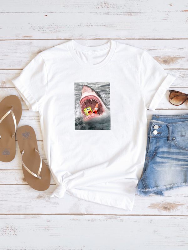 Футболка с принтом спанч боб и бела акула оверсайз белая. Футболка акула для девочек и мальчиков унисекс в стиле кэжуал.