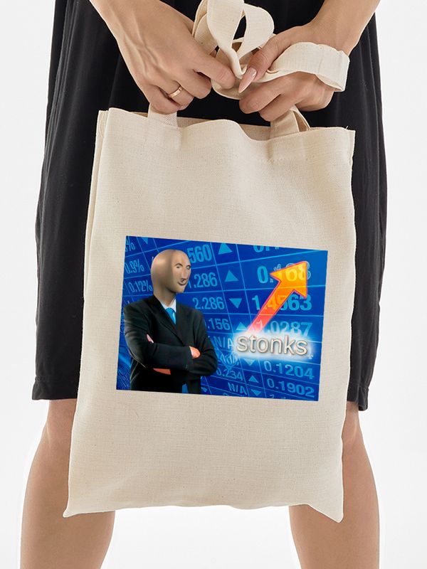 Шоппер мем стонкс stonks meme прикол с принтом надписью и рисунком dank memes бежевый, стритстайл сумка для шопинга и покупок тканевая женская и мужская андеграунд кэжуал y2k style casual underground.