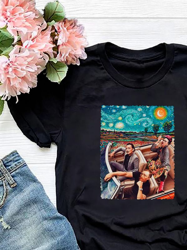 Футболка с принтом Ван Гог, Сальвадор Дали и Фрида Кало оверсайз черная. Футболка унисекс с красивым принтом Van Gog, Salvador Dali, Frida Kahlo в стиле 90 х.