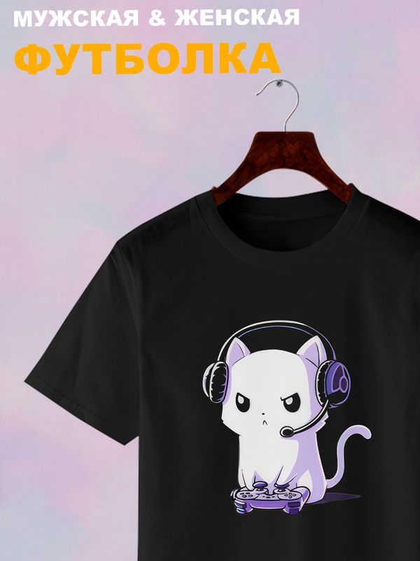 Футболка кот геймер и котик game player с принтом каваи котенок прикол для геймера kitty cat meme anime style kawaii kawai, черная женская и мужская стрит стайл мемная прикольная одежда кэжуал y2k.