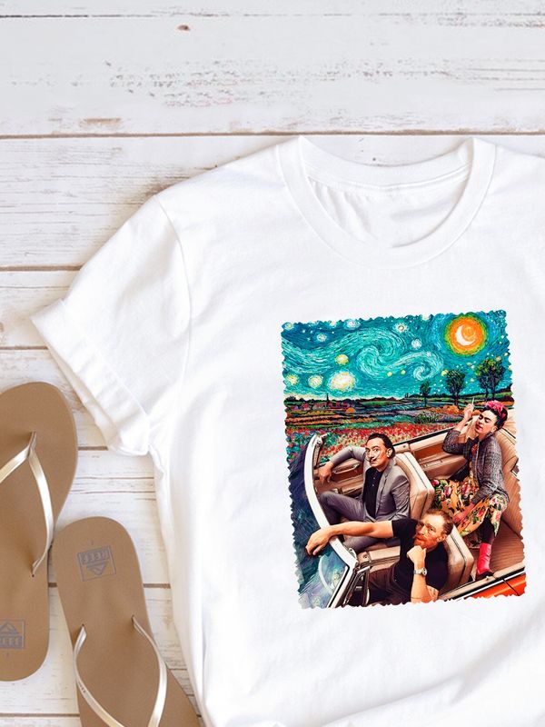 Футболка с принтом Ван Гог, Сальвадор Дали и Фрида Кало оверсайз белая. Футболка унисекс с красивым принтом Van Gog, Salvador Dali, Frida Kahlo в стиле 90 х.