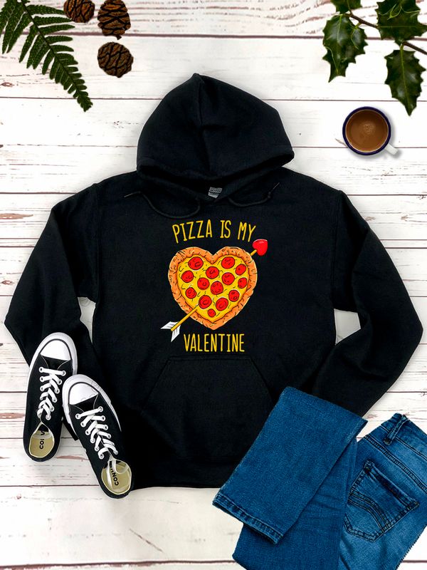 Худи с принтом Пицца на День Валентина оверсайз черное. Худи унисекс c прикольной надписью Valentine и картинкой pizza на День святого Валентина в стиле street style для молодежи.