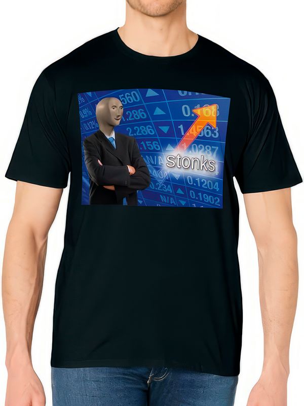 Футболка мем стонкс stonks meme прикол с принтом надписью и рисунком dank memes смешная, черная женская и мужская, y2k андеграунд прикольная одежда кэжуал стритстайл, street style underground casual.