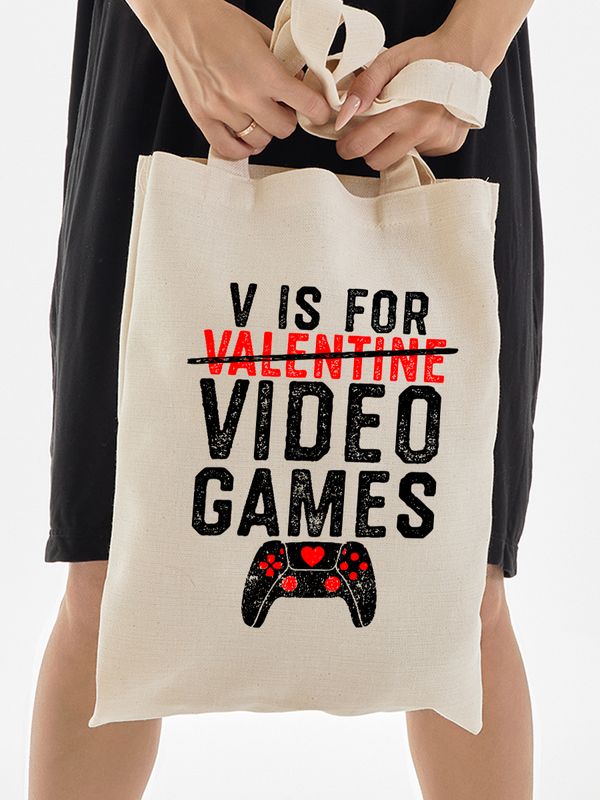 Шоппер с принтом Valentine на День Валентина бежевый. Шоппер из ткани с надписью Video games в стиле street style для молодежи.