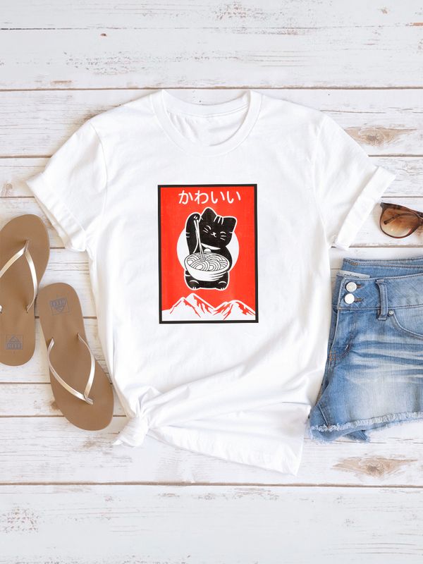 Футболка аниме с котом и каваи с принтом kawai kawaii anime cat kitty retro vintage Japan aesthetic Japanese style котик с японскими иероглифами, белая женская и мужская прикольная y2k одежда кэжуал.