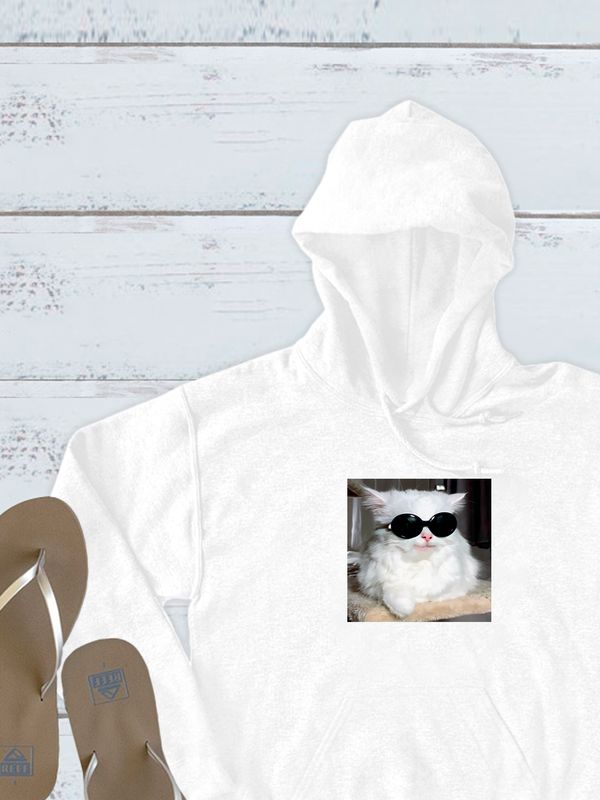 Худи с принтом Кот в очках оверсайз белое. Худи унисекс с прикольным рисунком в стиле кэжуал.