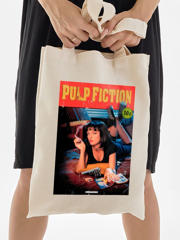 Шоппер криминальное чтиво pulp fiction y2k с принтом в стиле 90 х 90х 90s aesthetic ретро эстетика бежевый, стритстайл сумка для шопинга и покупок тканевая женская и мужская андеграунд кэжуал casual.